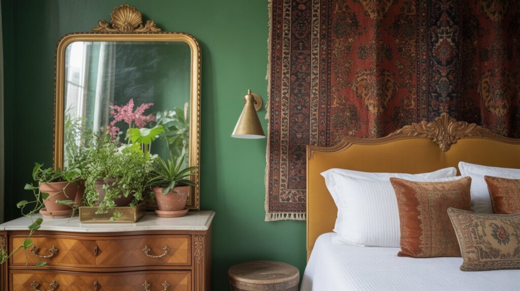 Green farmhouse bed and breakfast bedroom wall with rustic decor elements