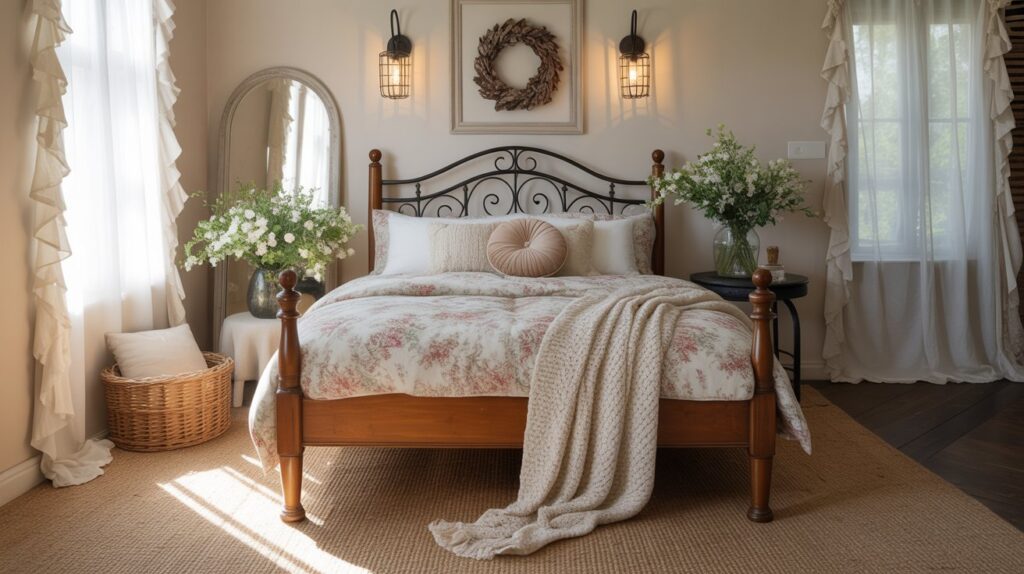 Close-up of a rustic farmhouse bed dressed in rose-colored linen bedding, exuding warmth and elegance."