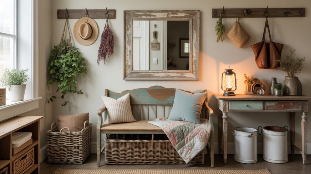 Charming small entryway styled with thrifted farmhouse decor, featuring a vintage bench woven with cozy pillows, rustic woven baskets, and a thrifted wood-framed mirror reflecting the space's warm aesthetics.