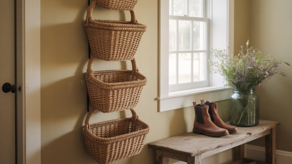 Farmhouse entryway with three small wall baskets in a tidy row, ideal for organizing keys and dog leashes. The scene includes a cozy wooden bench and a nearby console table with a glass jar of fresh wildflowers, bathed in glorious natural light