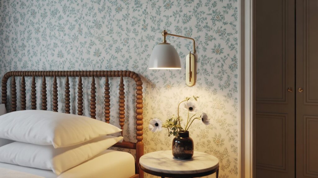 cozy french farmhouse wallpaper in a small warm bedroom with floral linen sheets.