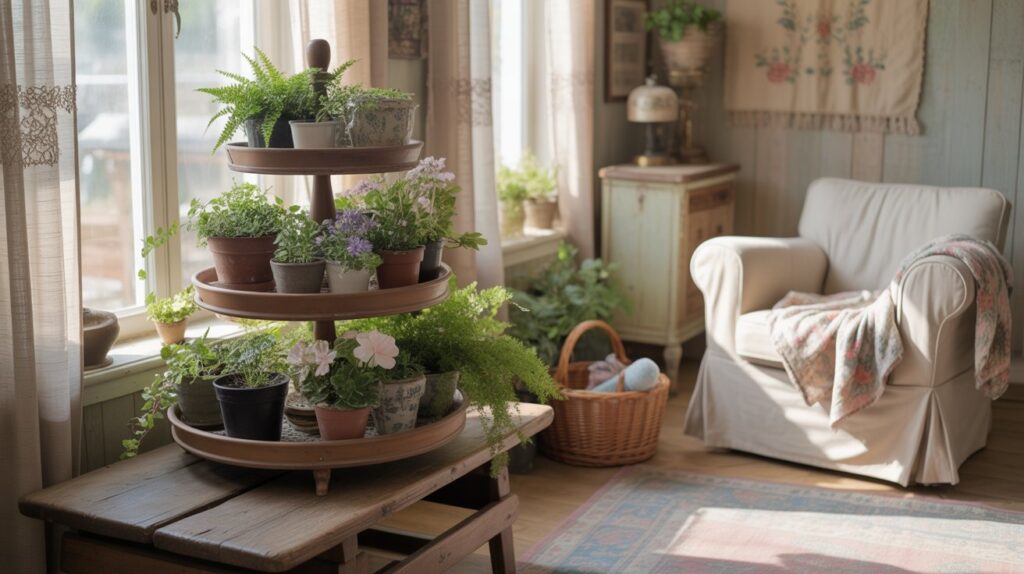 Three-tiered wood dessert stand adorned with an assortment of pastries and fruits, set against the backdrop of a cozy cottage kitchen. The rustic charm of the tiered stand adds height and warmth, bringing focus to the natural wood grain and inviting atmosphere