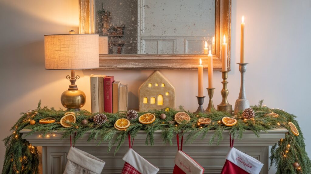 Cozy cottage Christmas mantel styled with thrifted holiday decor, including brass deer figurines, greenery garland, fairy lights, and vintage picture frames for a charming, collected Christmas look.