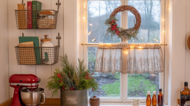 A cozy vintage kitchen shelf decorated for Christmas with old cookbooks, ceramic Santa mugs, stacked ironstone, and a red-ribbon wreath.